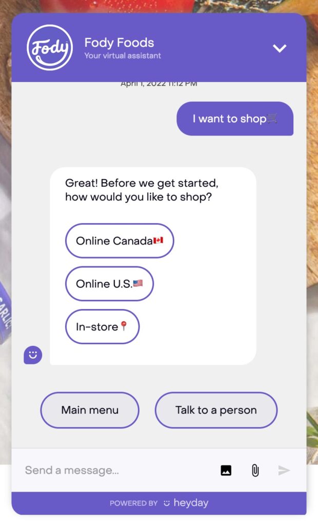 Fody foods bot offering guided shopping experiences
