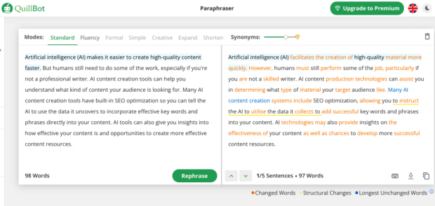 QuillBot rewriting copy