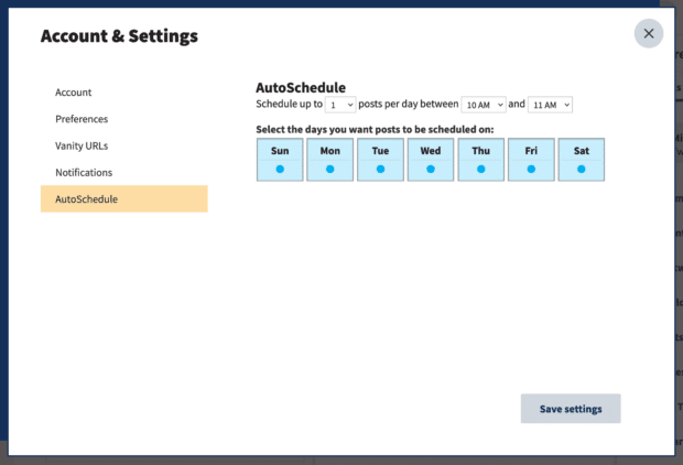 account and settings AutoSchedule Sunday to Saturday