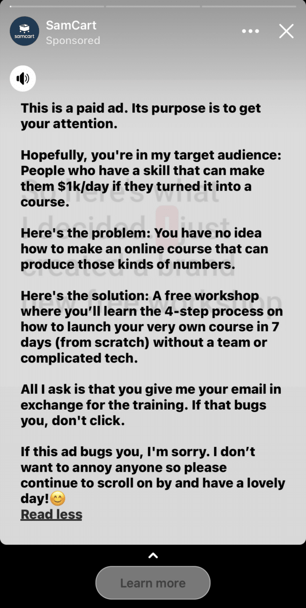 SamCart paid ad explanation text