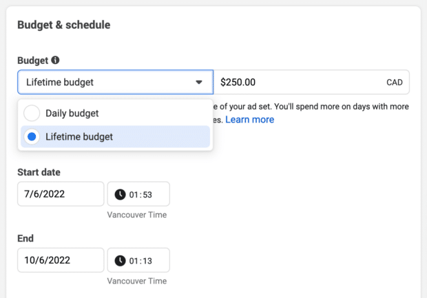 Facebook ads setup - budget and schedule start date and end