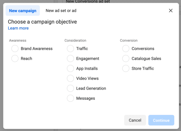 Facebook ads setup - new campaign choose objective in terms of awareness consideration and conversion