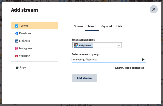 add stream and search to select an account