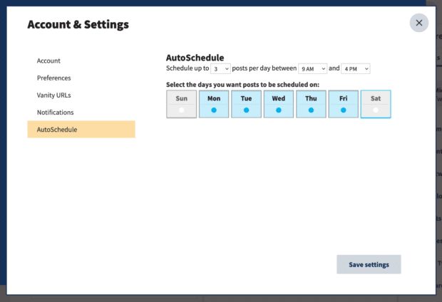 account and settings AutoSchedule Monday to Friday