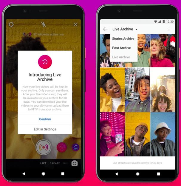 two phones showing instagram live video format sized for the screen