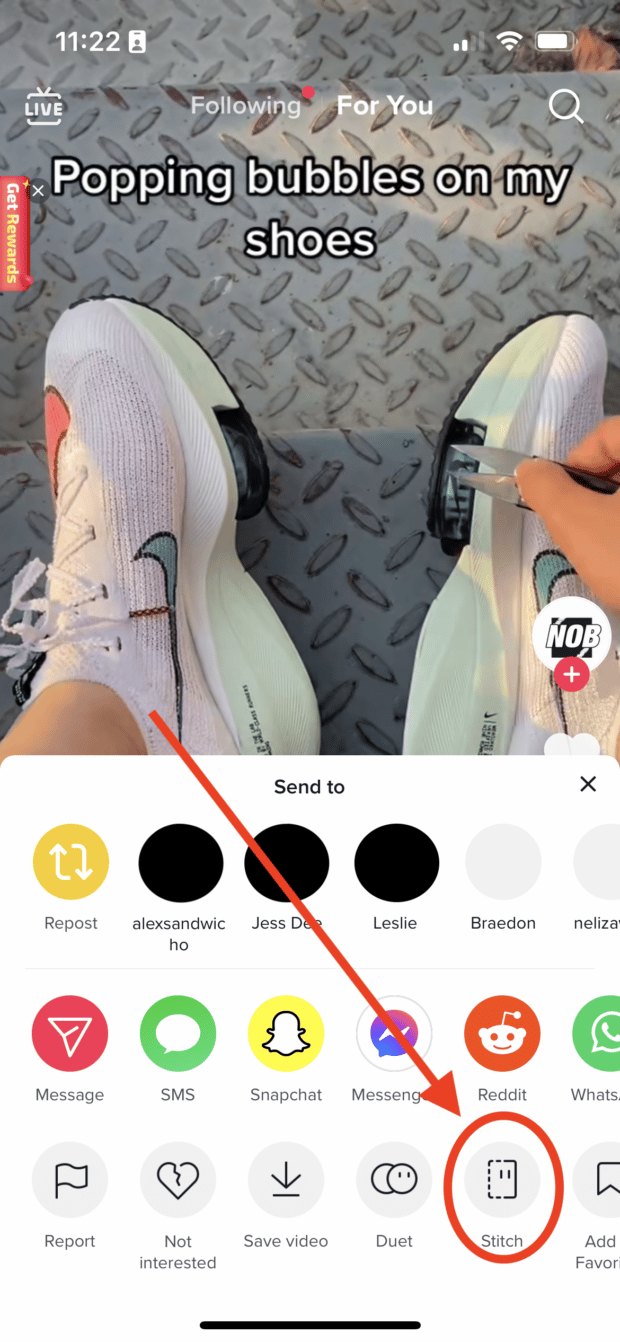 Find the stitch option when you open the share menu on a TikTok video
