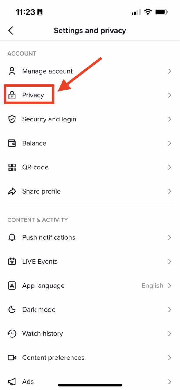 privacy settings in tiktok profile