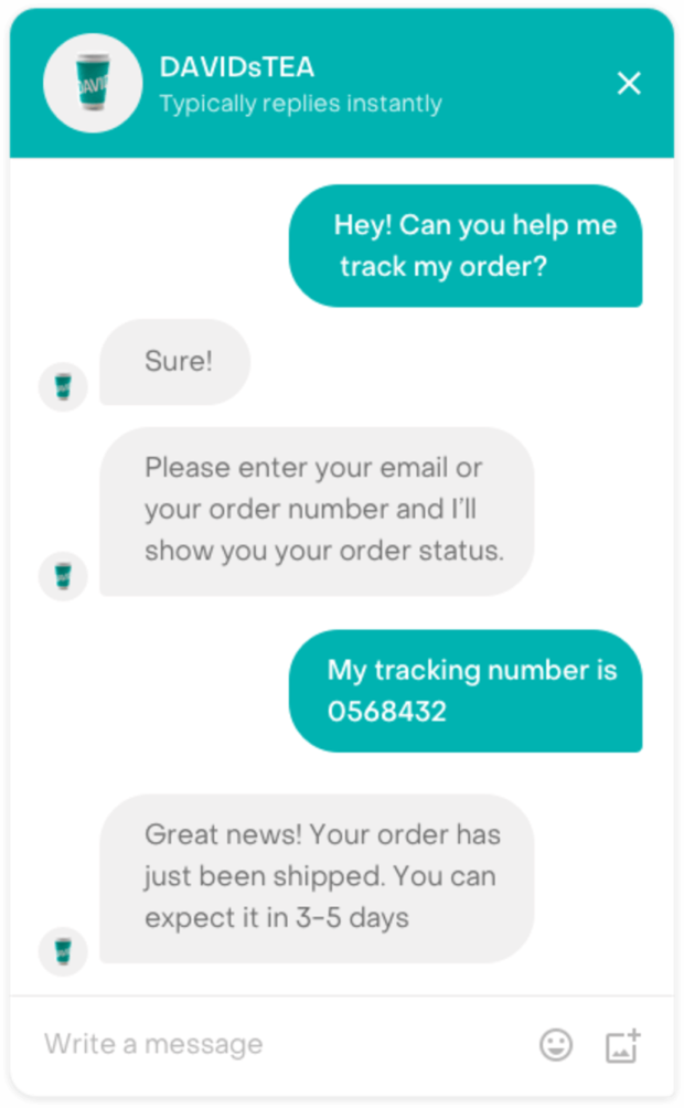 David's Tea live chat chatbot answering order inquiry