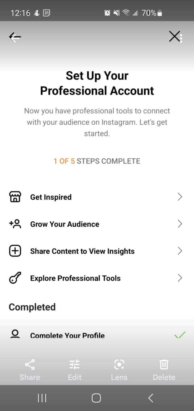 Instagram creator account set-up process