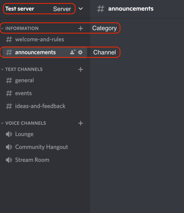 test Discord server with category and channel