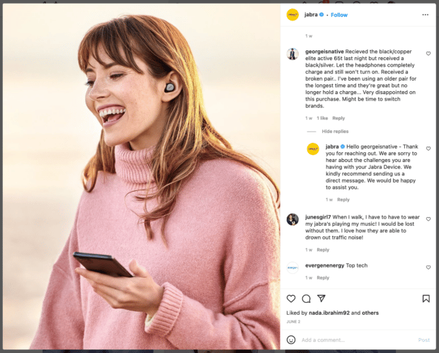 Jabra brand answering comments on Instagram post