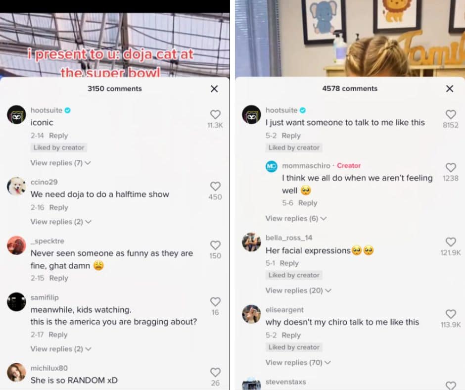 collage of two screenshot images showing Hootsuite interacting with comments on TikTok
