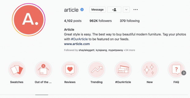 #OurArticle Instagram bio branded hashtag
