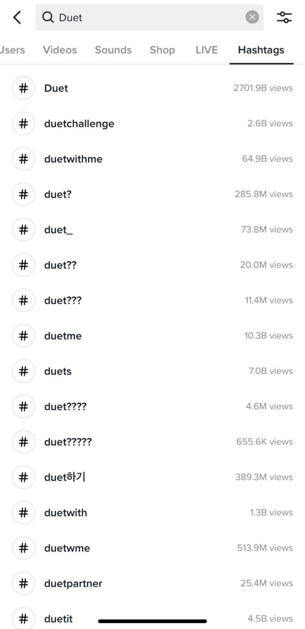 TikTok search results for duets hashtags