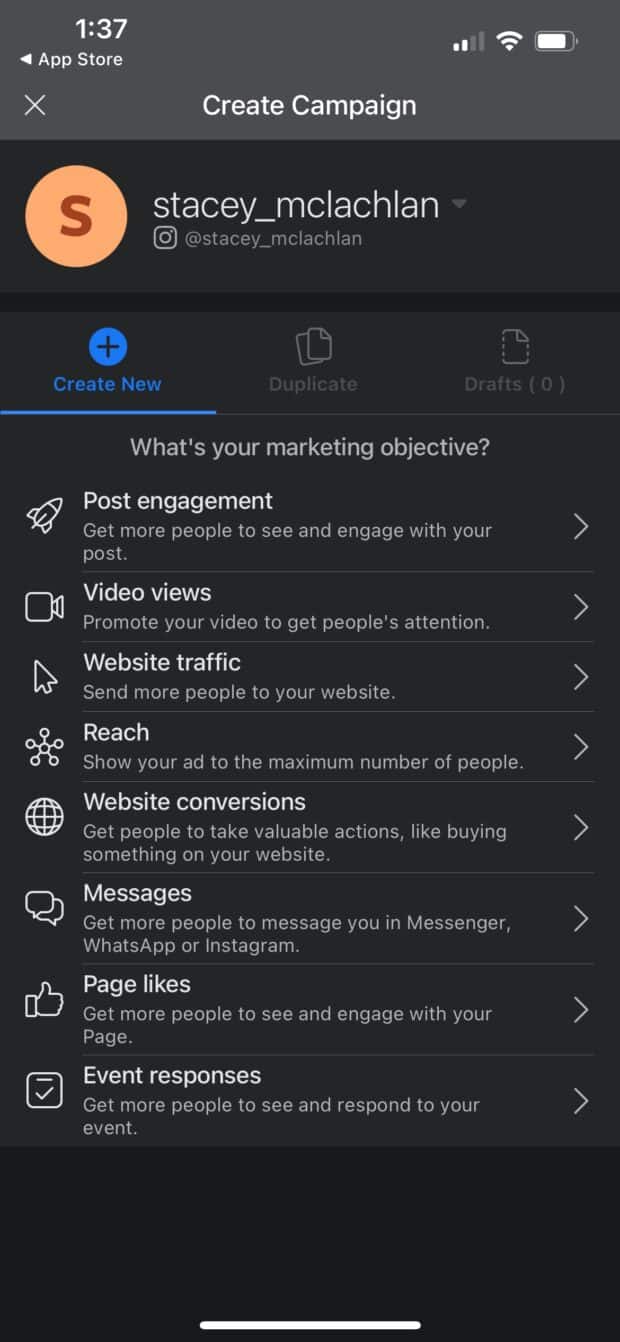 choose marketing objective under create campaign