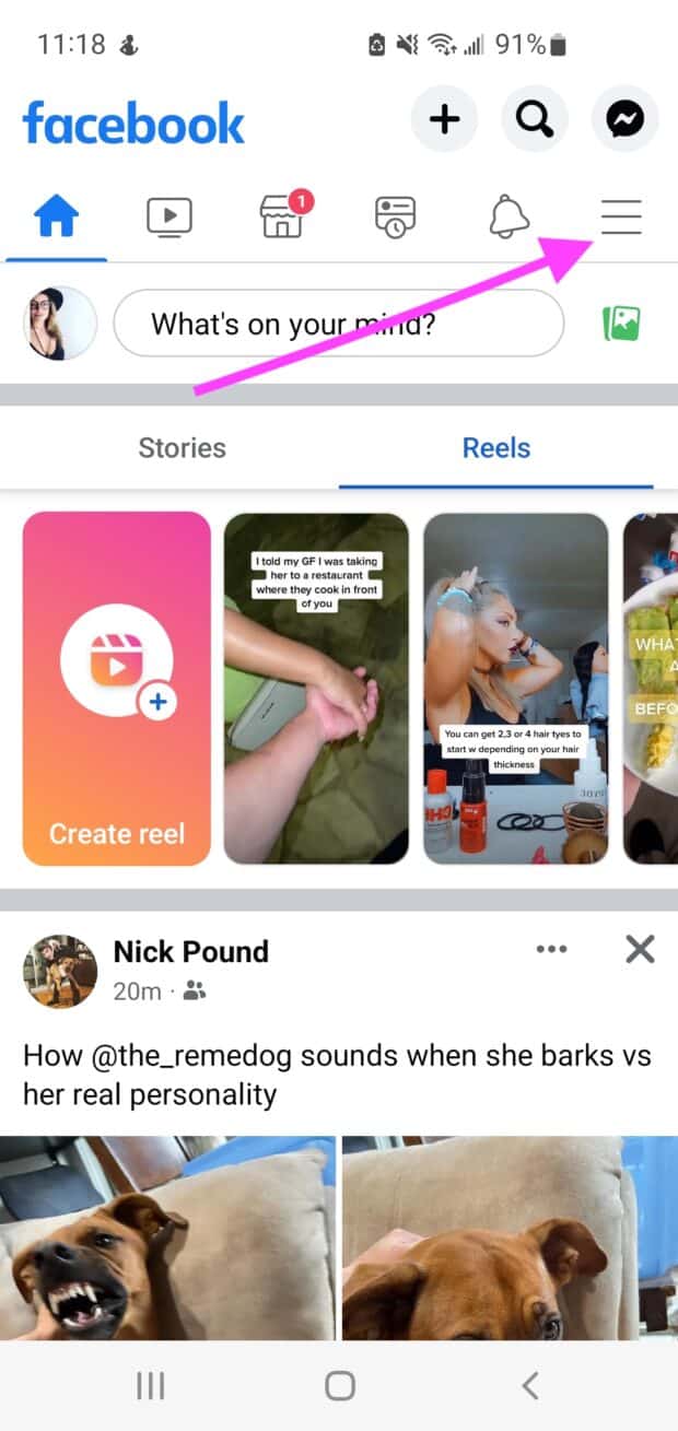Facebook Reels hamburger menu