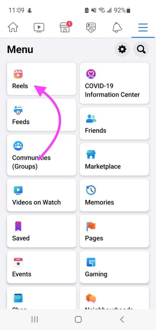 Facbook Reels top left side of screen