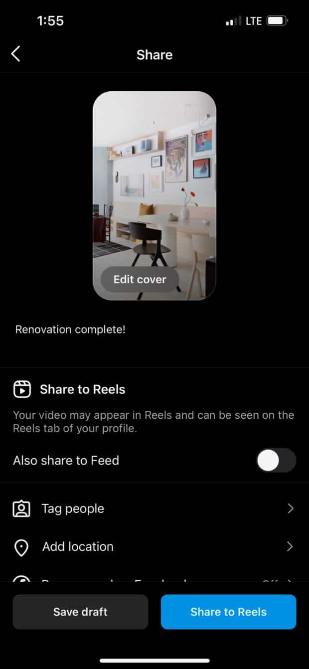renovation photo from camera roll upload to Instagram reel