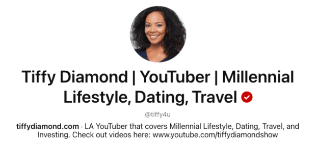 Tiffy Diamond YouTuber Millennial Lifestyle, Dating, Travel [social media bio example for pinterest]