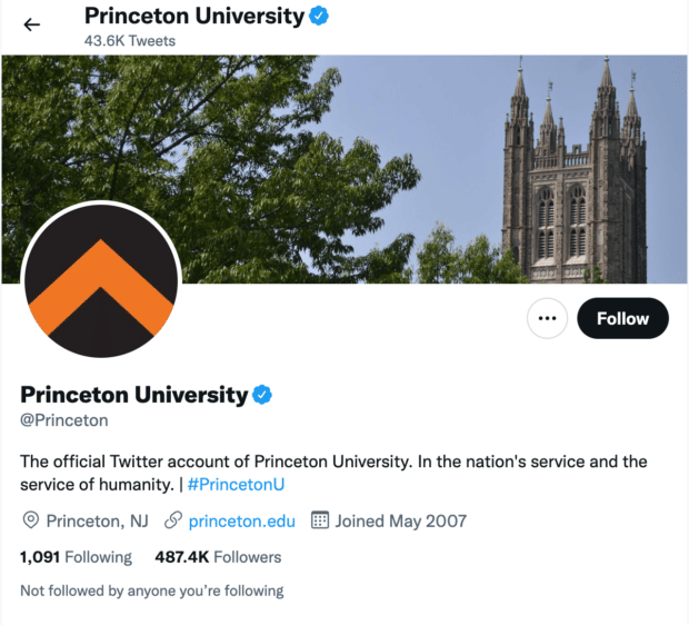 Princeton's Twitter account includes their branded hashtag in their bio