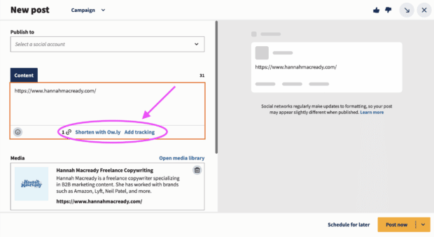 hootsuite composer showing shorten with ow.ly option