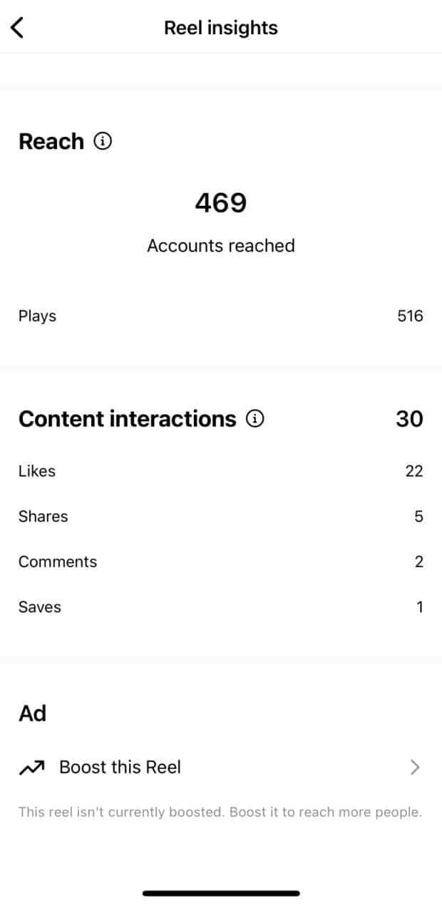individual instagram reel data shown in instagram insights tab