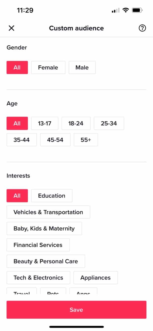 custom audience gender age and interests