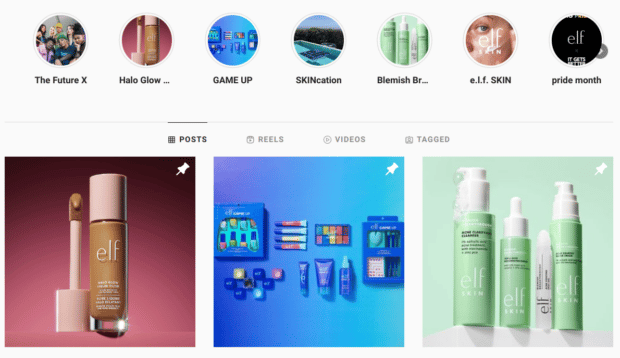 e.l.f. Cosmetics story highlights and pinning feature on Instagram