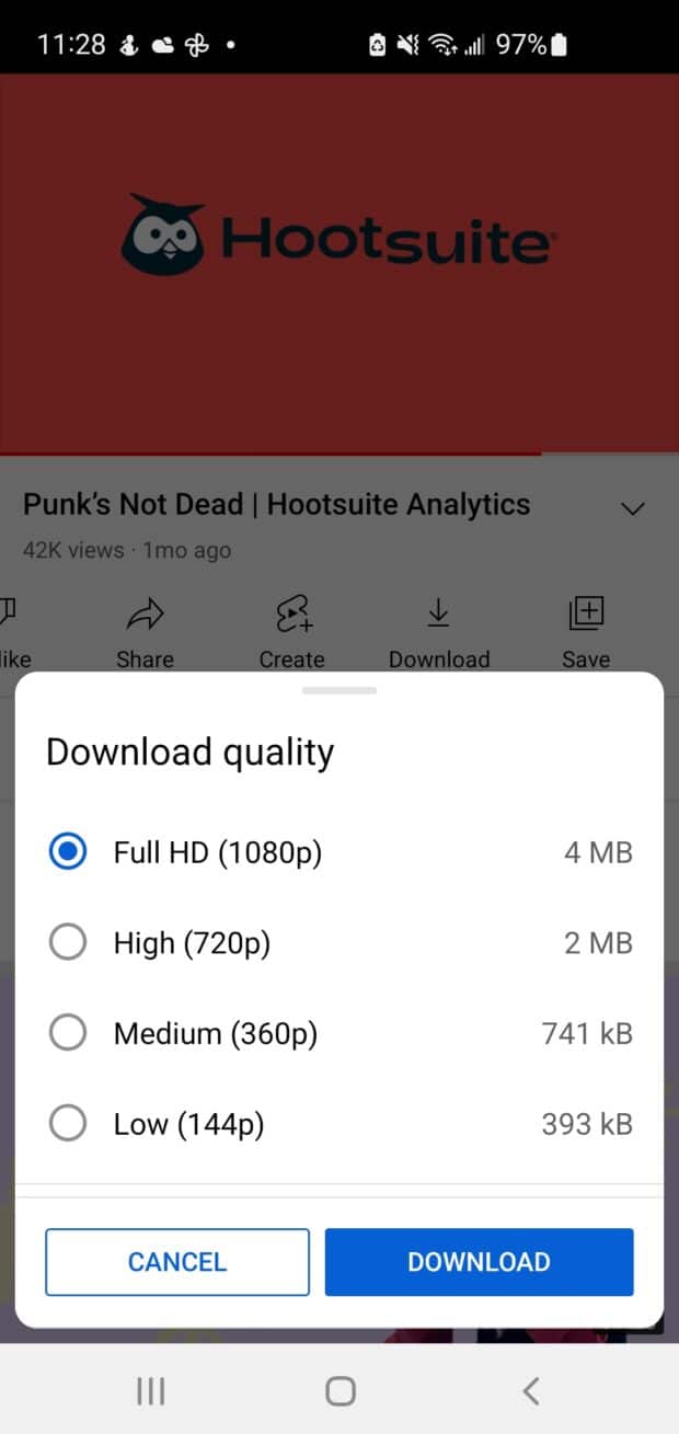 choose download resolution quality from full HD to low