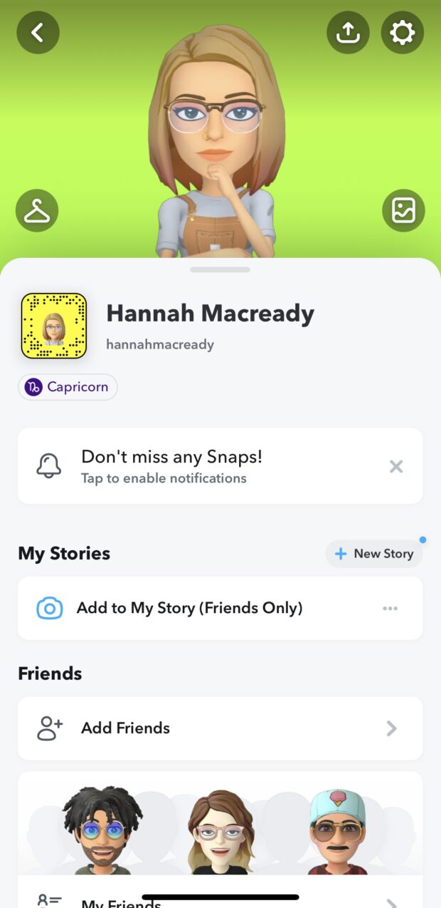 snapchat user profile showing astrology sign underneath username