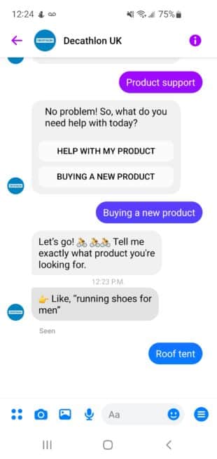 Decathlon UK on Messenger buying a new product chatbot