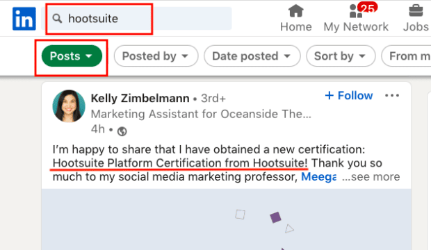 Hootsuite posts search on LinkedIn