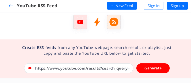 YouTube RSS feed generate URL