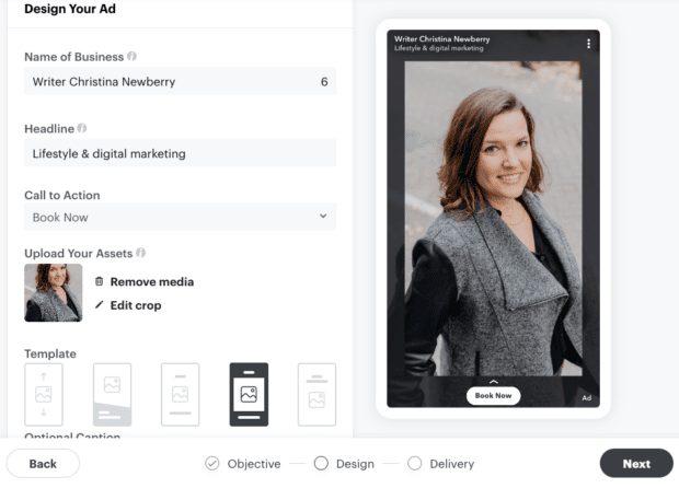 design your ad with name of business headline and call to action