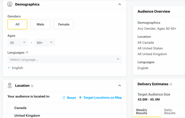 demographics location audience overview and delivery estimates