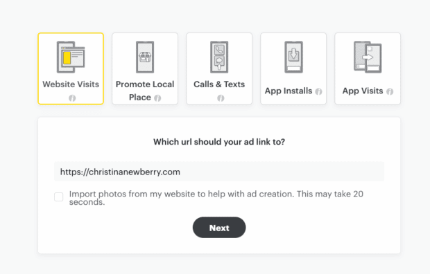 choose objective including website visits local place calls & texts