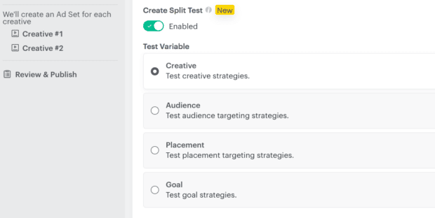 Create Split Test toggle button