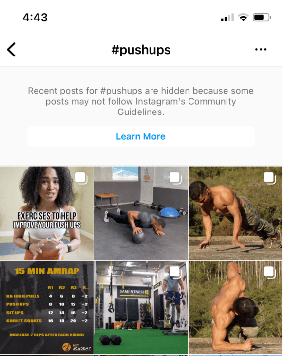 An example of a banned hashtag page on Instagram