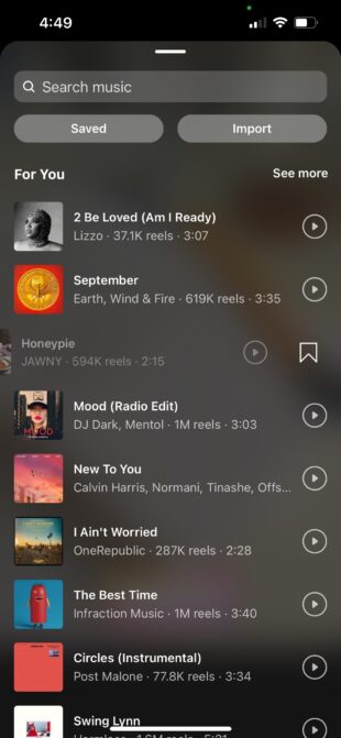 Swipe left on a song to reveal the bookmark icon