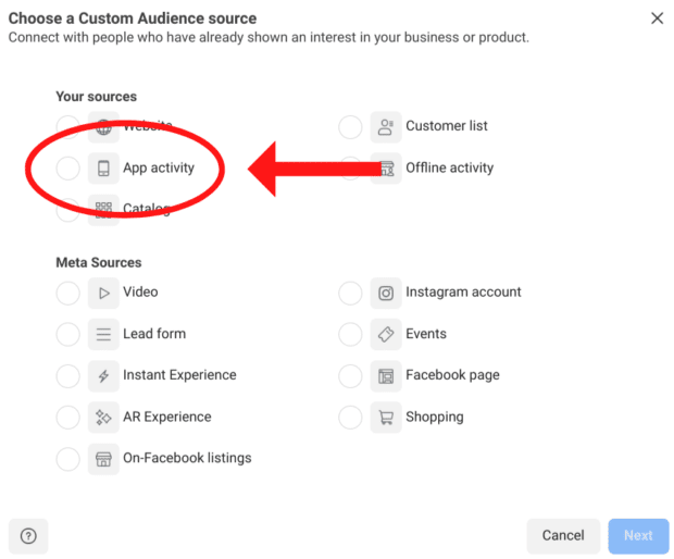 custom audience source app activity