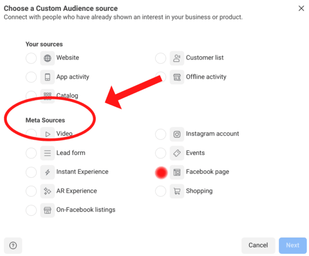 Facebook page meta source