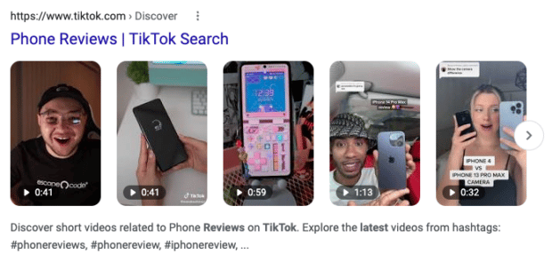 Screenshot showing TikTok phone review videos on Google search results page