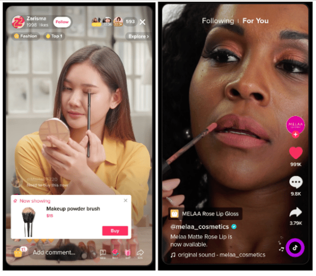 Screenshot showing TikTok LIVE selling product links and video feed product links