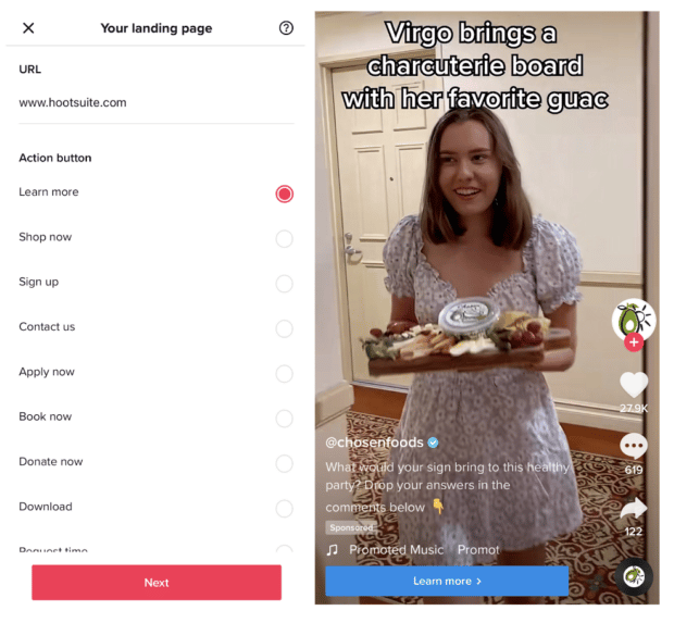 Screenshot showing calls to action selections and display on TikTok ads