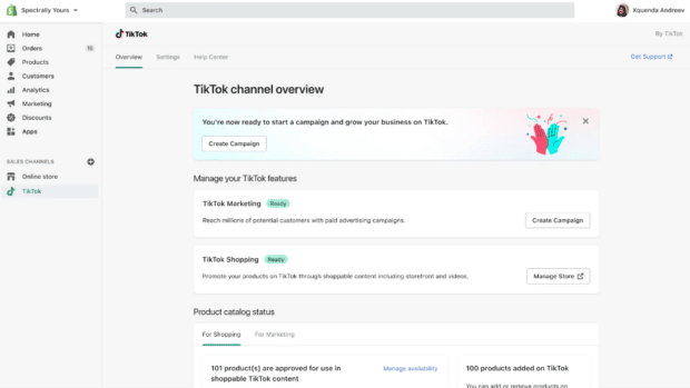 Screenshot showing Shopify's TikTok tool