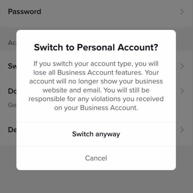 TikTok switch from business to personal account