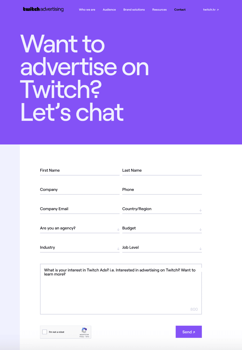 How to advertise on Twitch - contact form