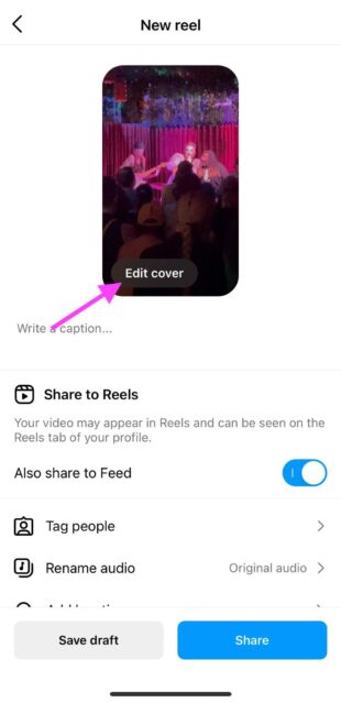 edit cover button shown in instagram reel upload