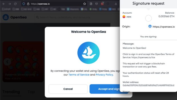 Signature request window in OpenSea