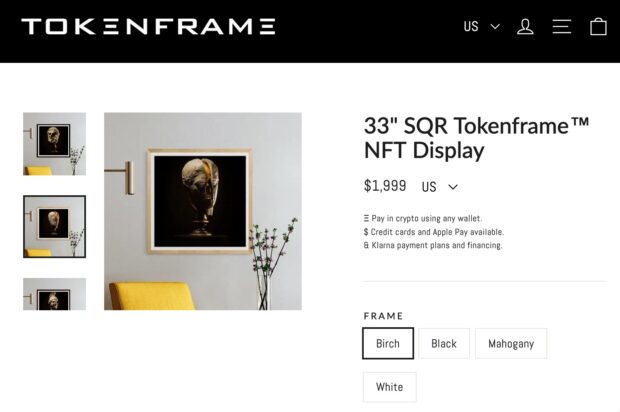 Tokenframe NFT Display monitor listing with 1,999 USD price